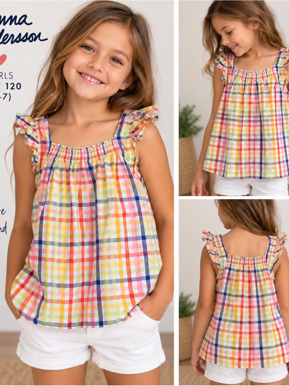 Hanna Andersson Girls Size 120 (6–7) Multicolor Plaid Ruffle Top